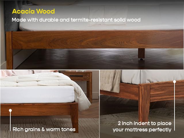 Solid Acacia Wood Bed Frame with Headboard - Image 4